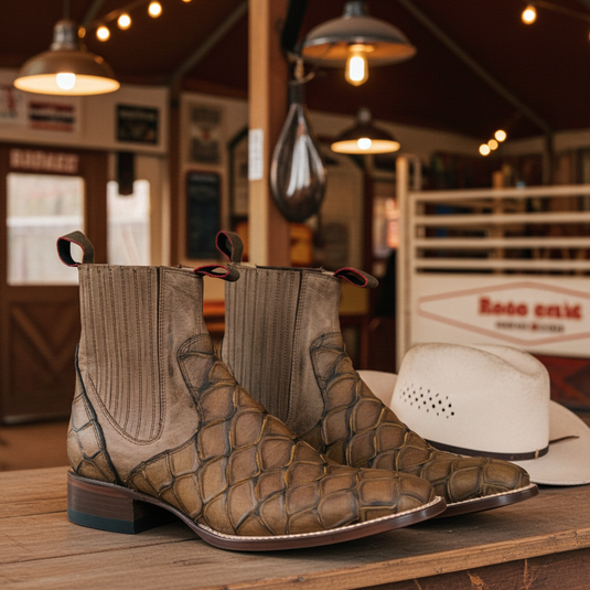 1814 - RockinLeather Men's Retro Brown Leather Pirarucu Print Chelsea Boot
