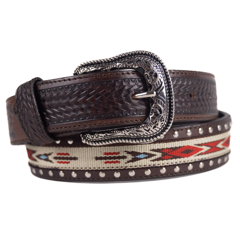 Load image into Gallery viewer, B1045 - RockinLeather Brown Cowhide Aztec Print Inlay Leather Belt
