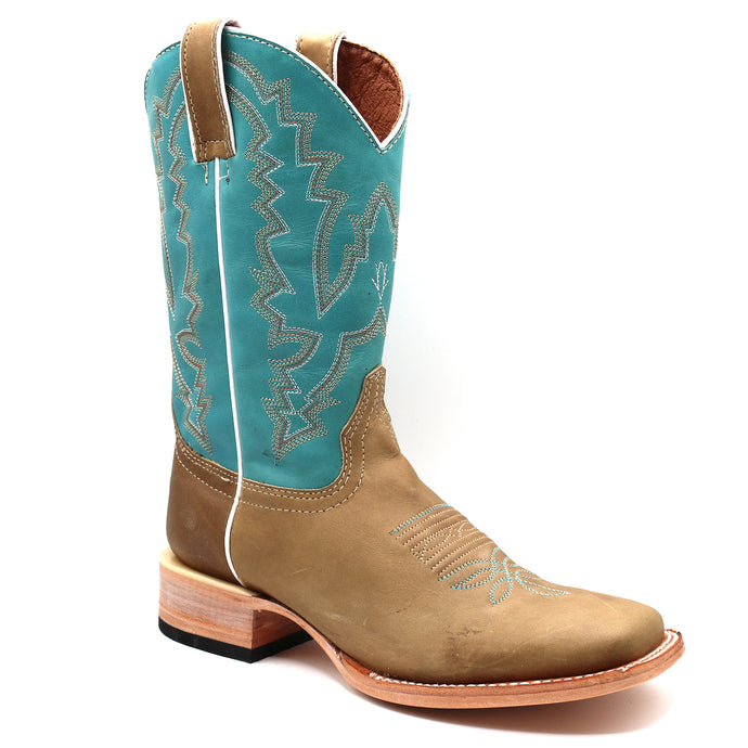 6501 - RockinLeather Women's Crazy Brass Cowhide w/Aqua Blue Upper Western Boot