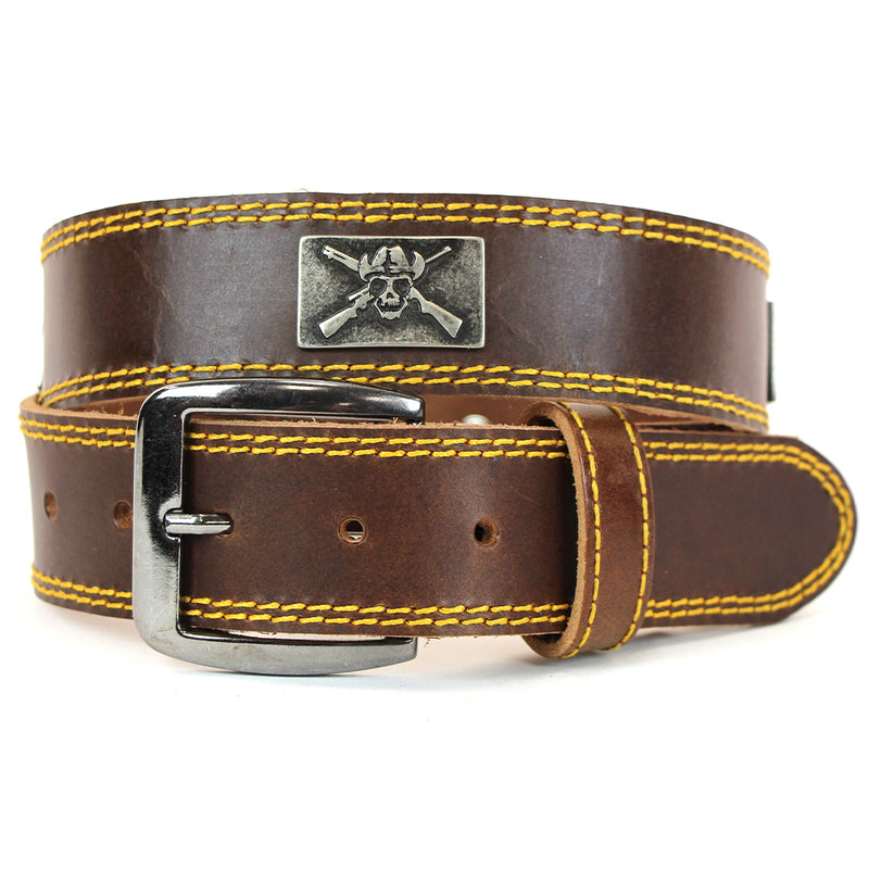 Load image into Gallery viewer, OUT1001 - Leather OUTLAW Belt with YELLOW stitching and Outlaw Conchos
