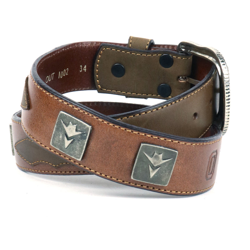 Load image into Gallery viewer, OUT1002 - Distressed Leather OUTLAW Belt with Conchos &amp; &quot;OUTLAW&quot; Stamped in Back
