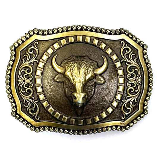 RLB011 - RockinLeather Brushed Antique Brass Buffalo Head Belt Buckle