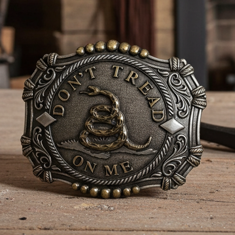 Load image into Gallery viewer, RLB012 - RockinLeather Antique Silver/Gold Don't Tread On Me Belt Buckle
