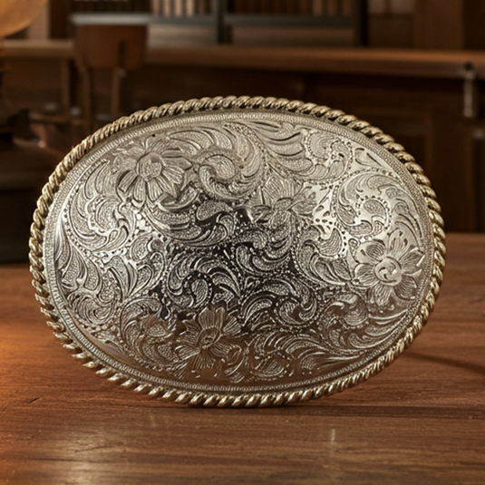 RLB501 - RockinLeather Silver Scrolled Oval Buckle with Gold Edge