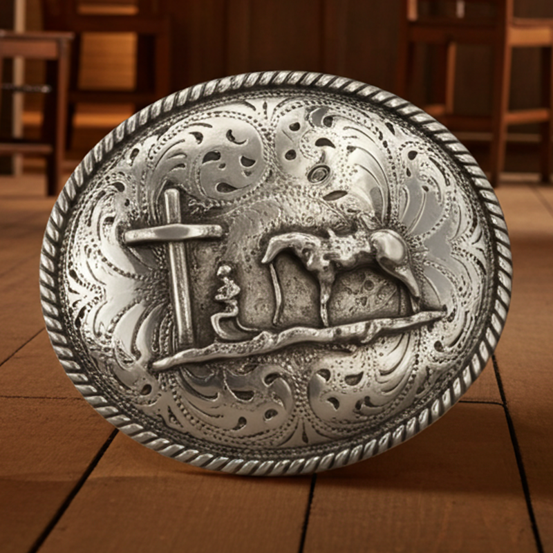 Load image into Gallery viewer, RLB502 - RockinLeather Silver Cowboy Prayer Oval Buckle
