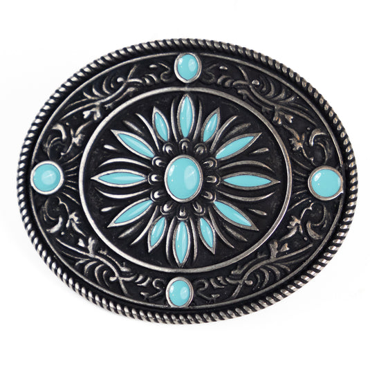 RLB505 - RockinLeather Nickle Turquoise Burst Belt Buckle