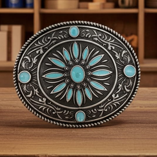RLB505 - RockinLeather Nickle Turquoise Burst Belt Buckle