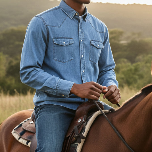 RLLSMS01 - RockinLeather Men's 6.8 oz Light Denim LS Shirt