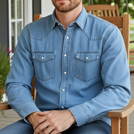 RLLSMS01 - RockinLeather Men's 6.8 oz Light Denim LS Shirt