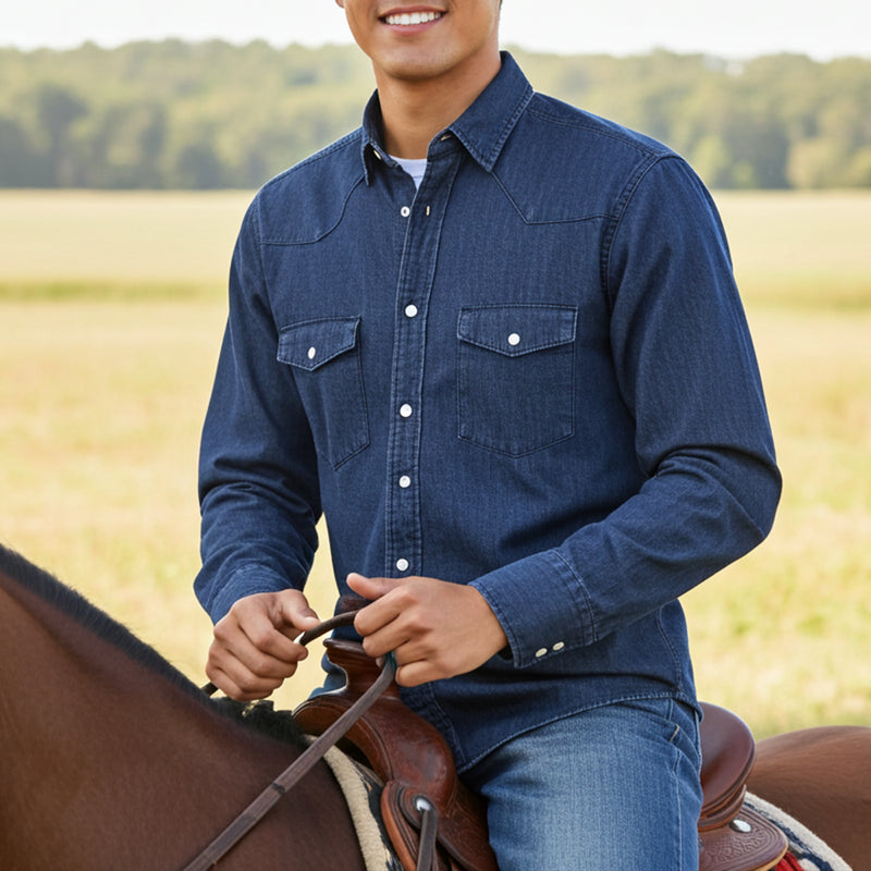 Load image into Gallery viewer, RLLSMS03 - RockinLeather Men's 7.1 oz Distressed Black Denim Western Shirt
