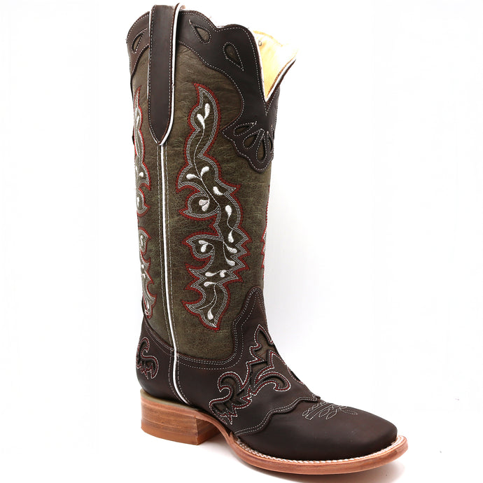 2181 - RockinLeather Women's Tall Distressed Brown/Olive Green Boot With Wide Square Toe