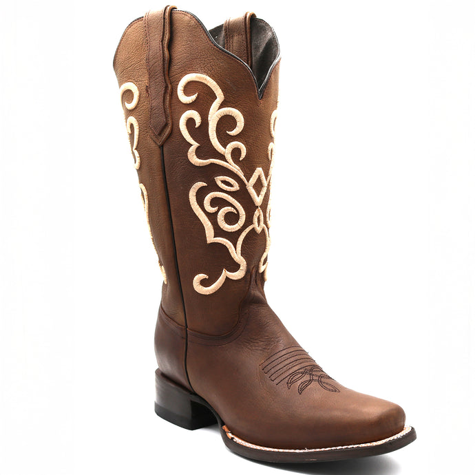 2803 - RockinLeather Women's Gaucho Brown Western Boot w/Raised Embroidery