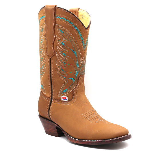 2214 - RockinLeather Women's Crazy Horse Tan Western Boot With Blue Embroidery