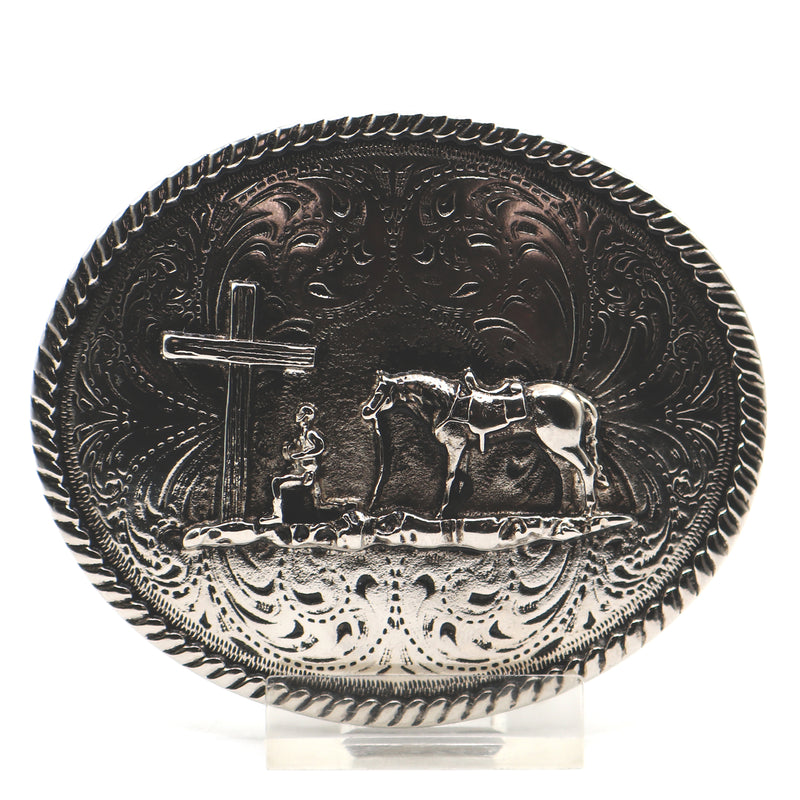 Load image into Gallery viewer, RLB502 - RockinLeather Silver Cowboy Prayer Oval Buckle
