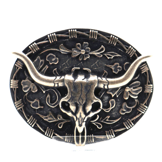 RLB508 - RockinLeather Nickle W/Black Underlay Steer Head Belt Buckle