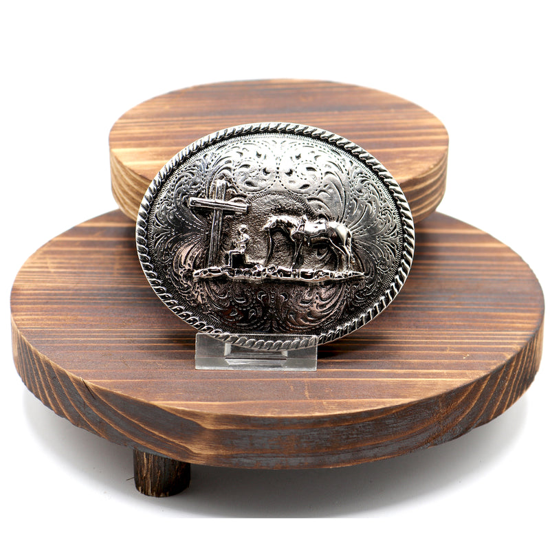 Load image into Gallery viewer, RLB502 - RockinLeather Silver Cowboy Prayer Oval Buckle
