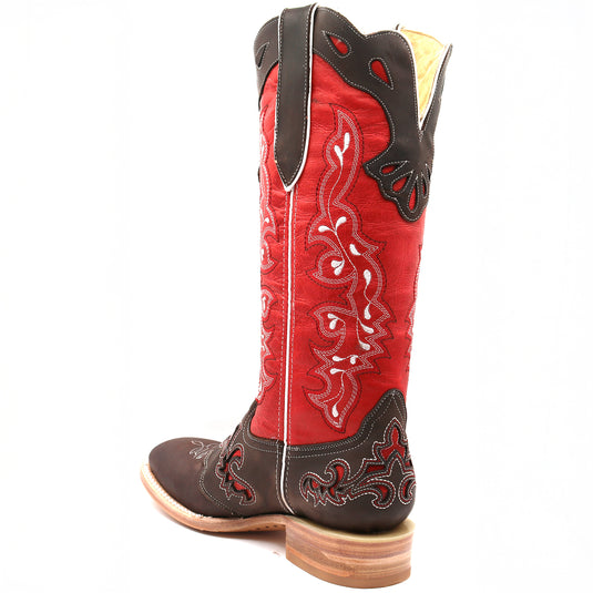 2180 - RockinLeather Women's Tall Distressed Brown/Red Boot With Wide Square Toe
