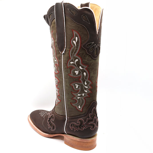 2181 - RockinLeather Women's Tall Distressed Brown/Olive Green Boot With Wide Square Toe