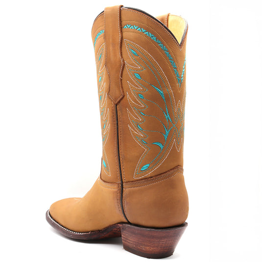 2214 - RockinLeather Women's Crazy Horse Tan Western Boot With Blue Embroidery